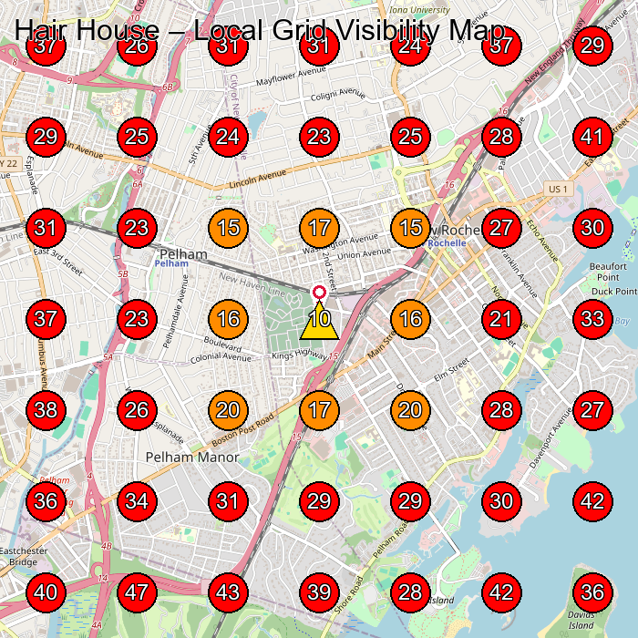 Hair House GeoGrid visibility map for Hair Salon in New Rochelle